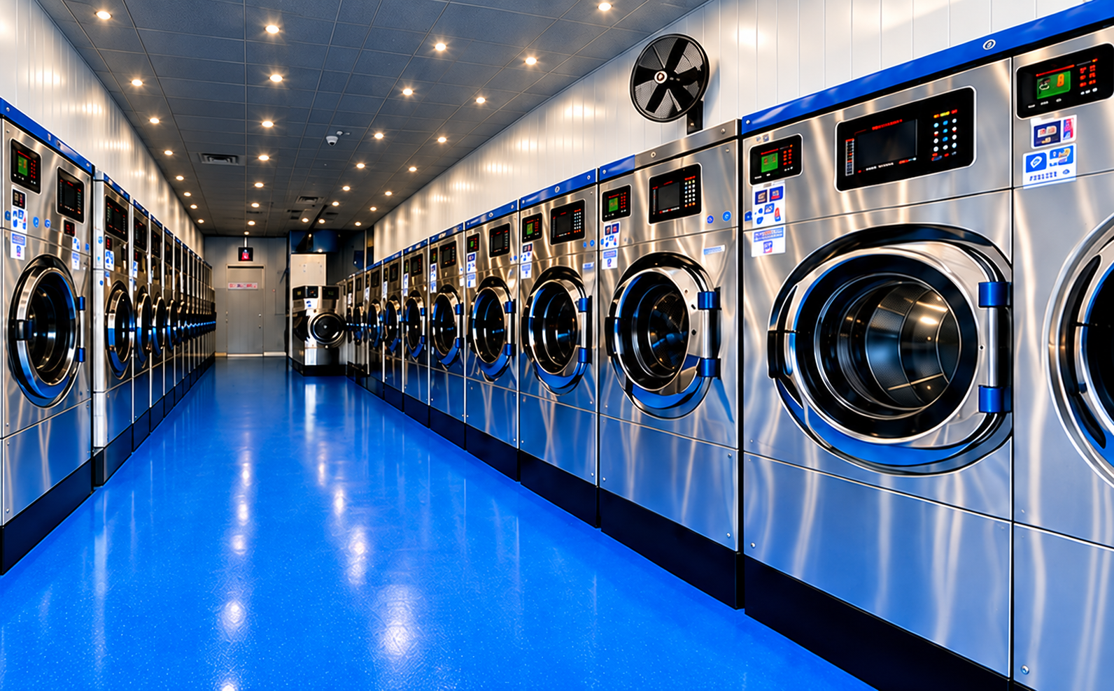 Laundry machines and blue floor in the supplied Beach Laundry interior image