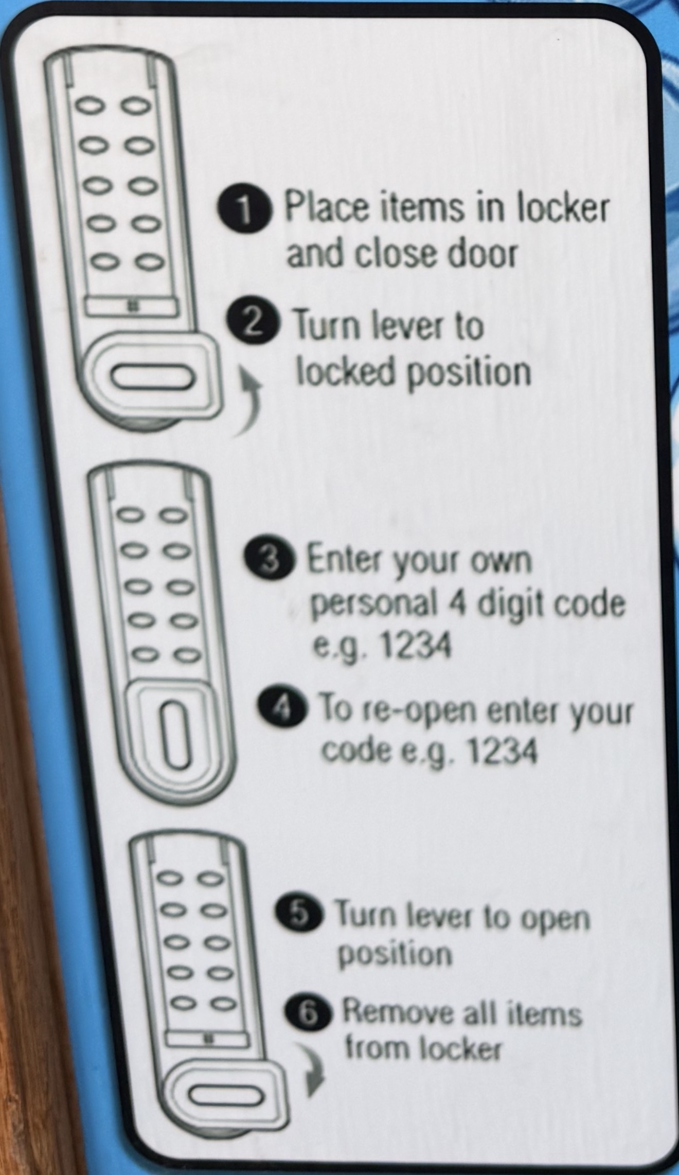 Beach Laundry locker use instructions showing how to place items in locker, turn lever to locked position, enter a personal 4 digit code, re-open the locker with the code, turn the lever to open position, and remove all items from locker