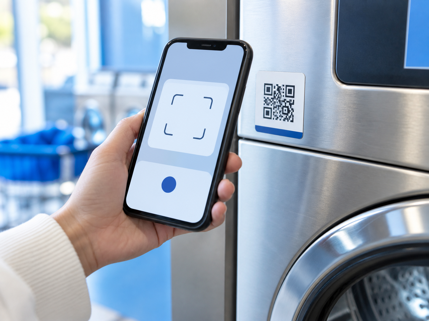 Phone scanning a QR label on a laundry machine